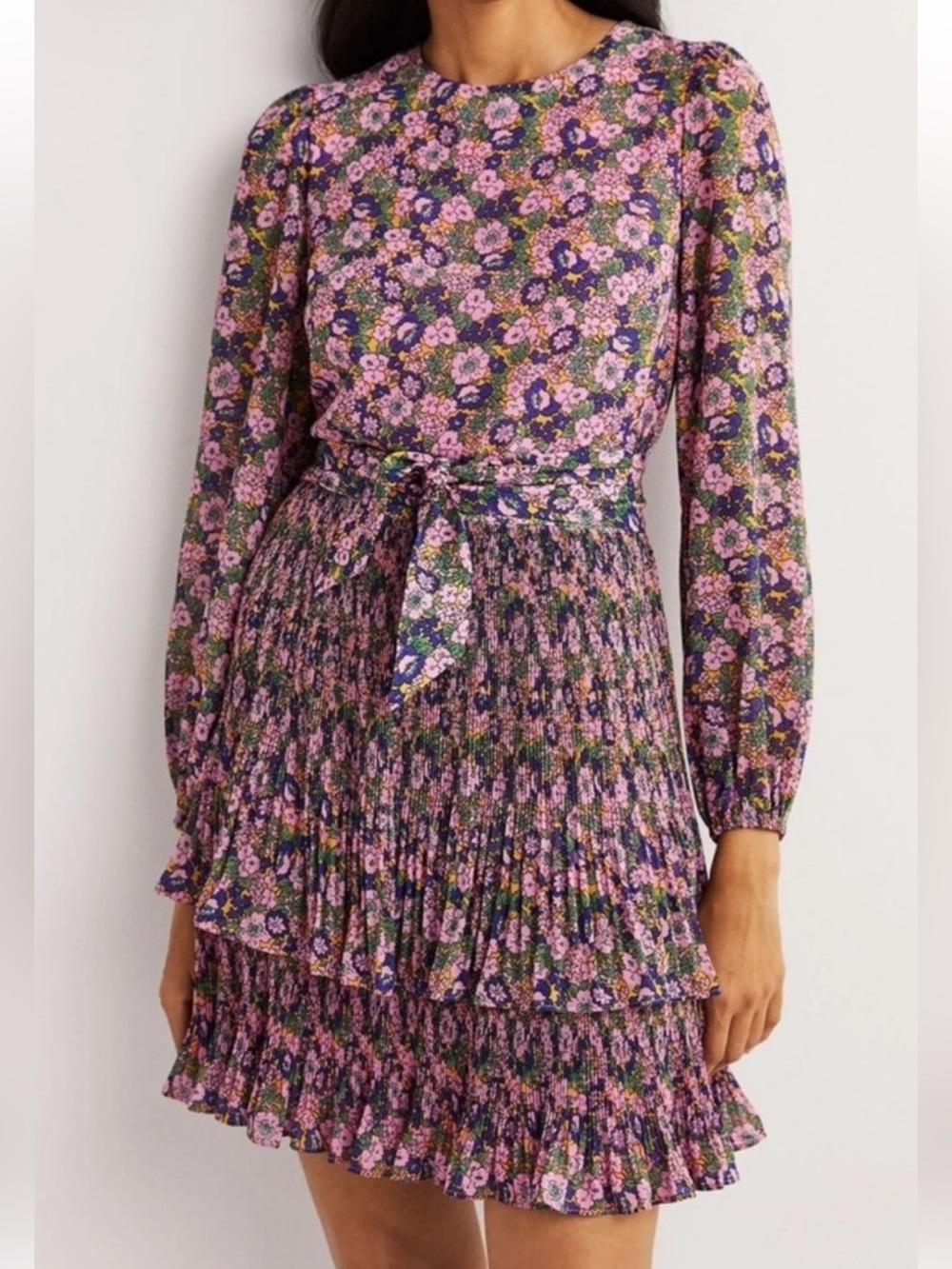 Boden Cottagecore Tiered Floral Plisse Mini Dress Size US 8 NWOT